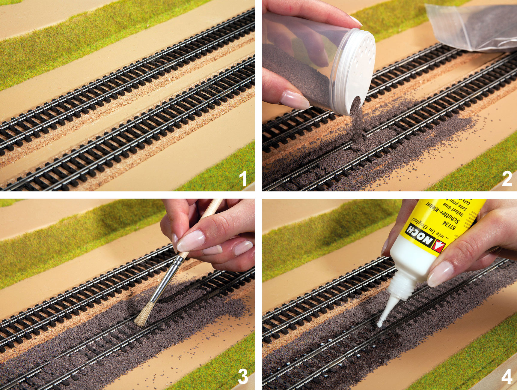 step by step instructions on how to put ballast on a model railway track