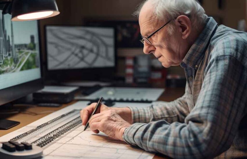 a man sitting at a computer designing a model railway on planning software