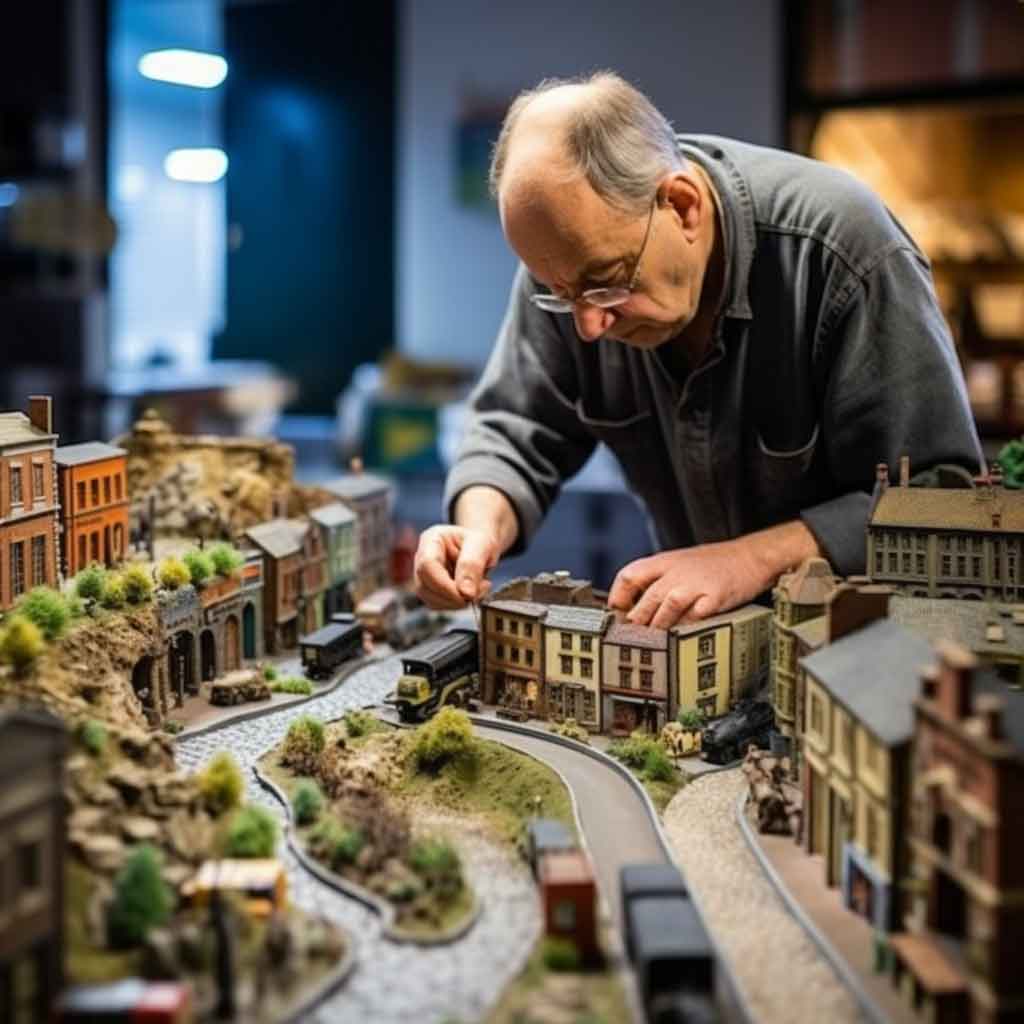 An old man working on a real life location on a model railway layout